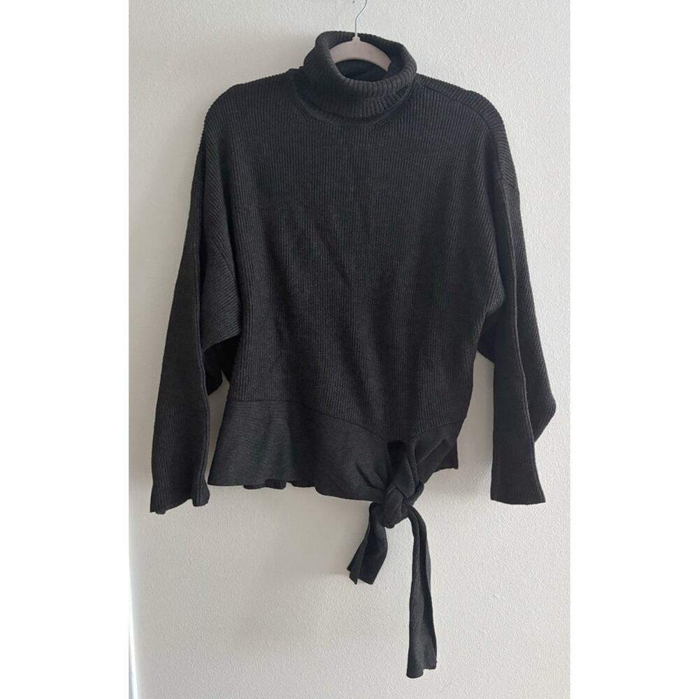 Zara Knit Gray Ribbed Knit Turtleneck Waist Side Tie Chunky Comfy Sweater Medium